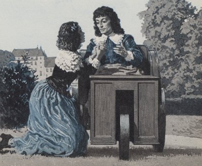 Paul Scarron, in seiner Rollstuhlbox, wird von seiner Frau gepflegt, der später berühmten Marquise De Maintenon von English School